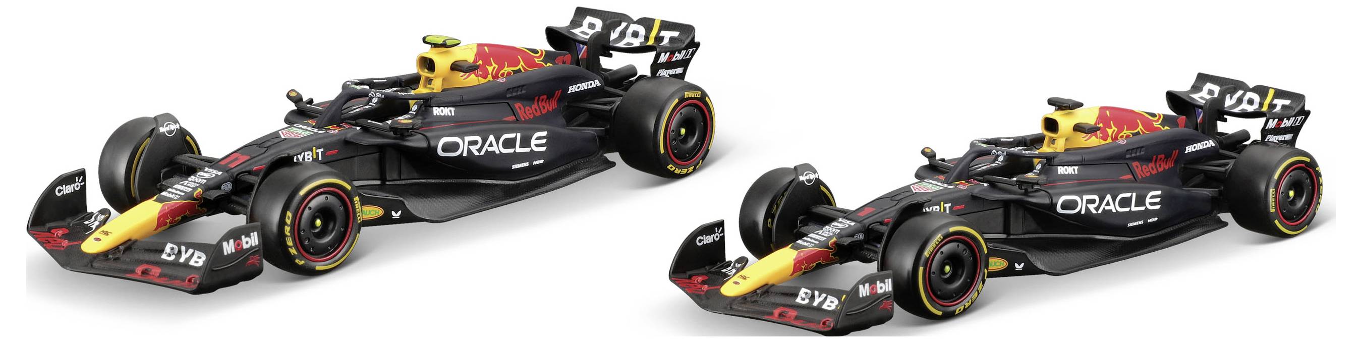 Zwei Rennautos mit schwarz-gelb-roter Lackierung, die 'Oracle'- und 'Red Bull'-Logos tragen, aus verschiedenen Blickwinkeln gezeigt.