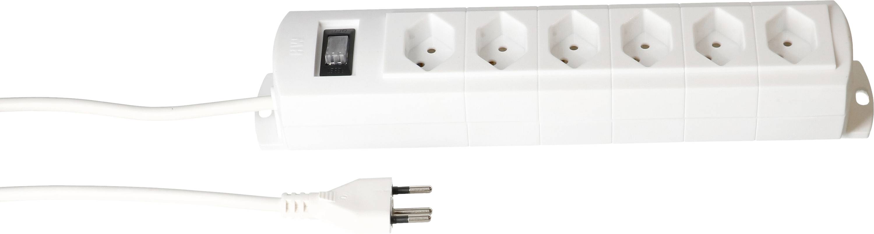 Weiße Steckdosenleiste mit fünf Steckplätzen und einem schwarzen Ein/Aus-Schalter, verbunden mit einem weißen Kabel und Stecker.