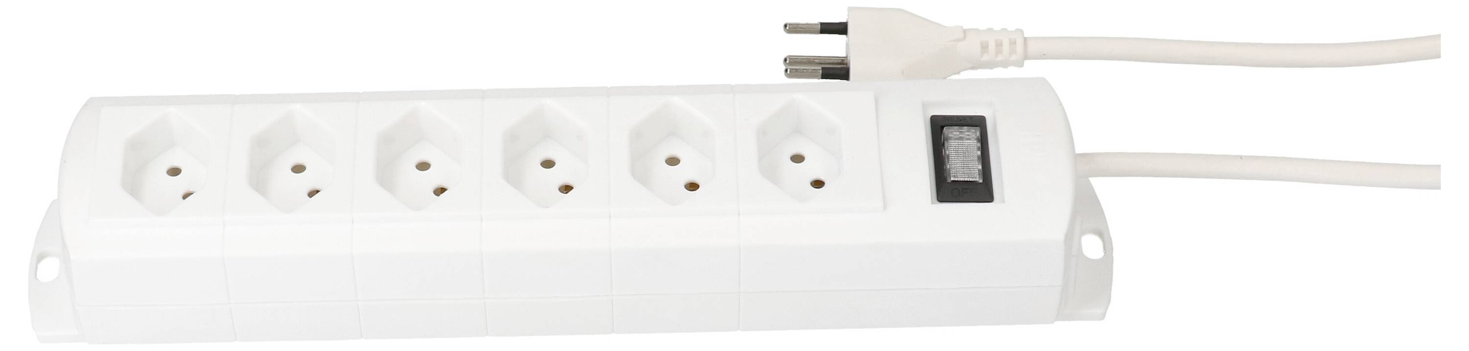 Mehrfachsteckdose mit sechs Steckplätzen und Kabel, geeignet für den Anschluss mehrerer elektrischer Geräte.