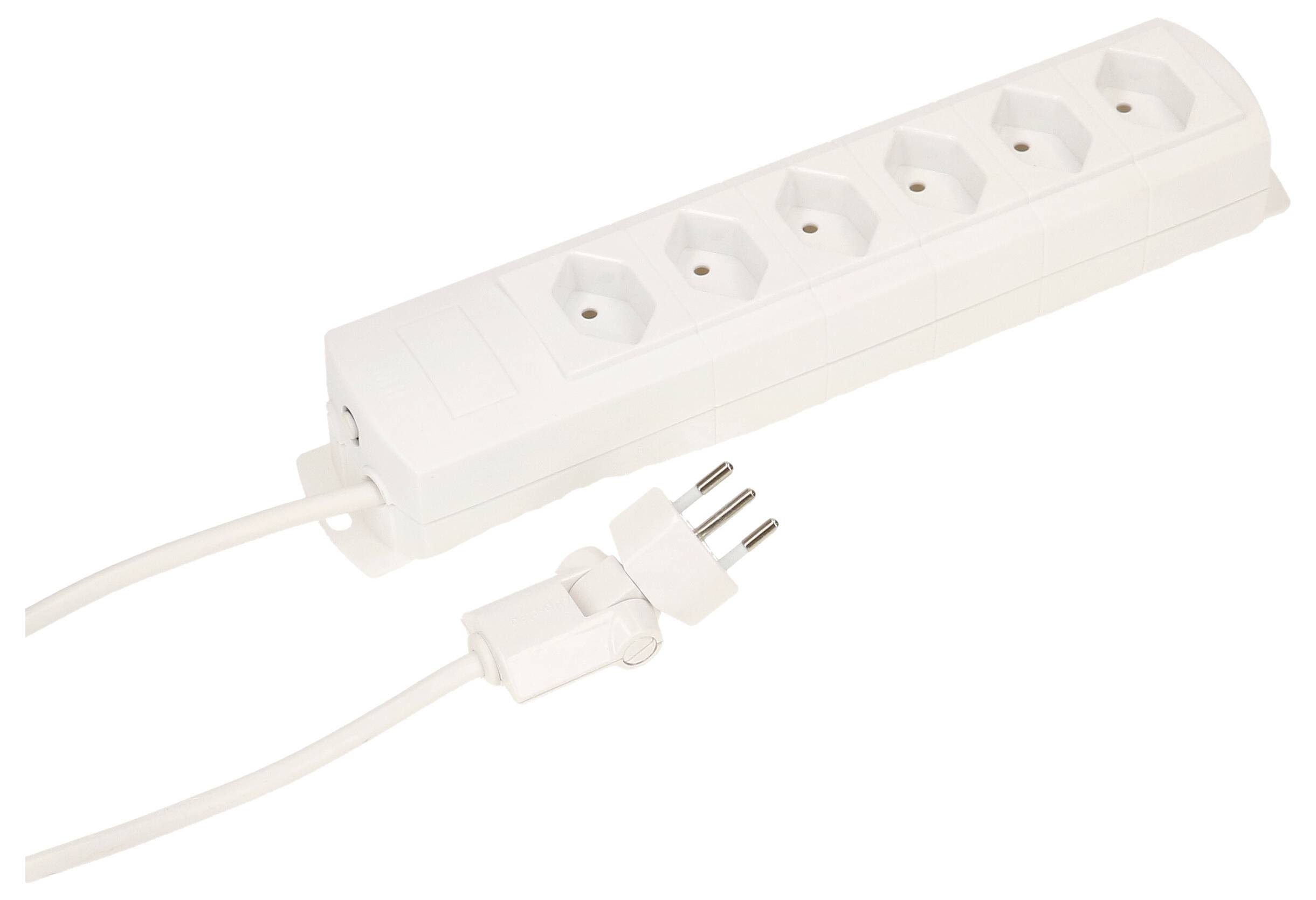 Ein weißer sechsfache Steckdosenleiste mit einem Kabel und Stecker, geeignet für den Anschluss mehrerer elektronischer Geräte.