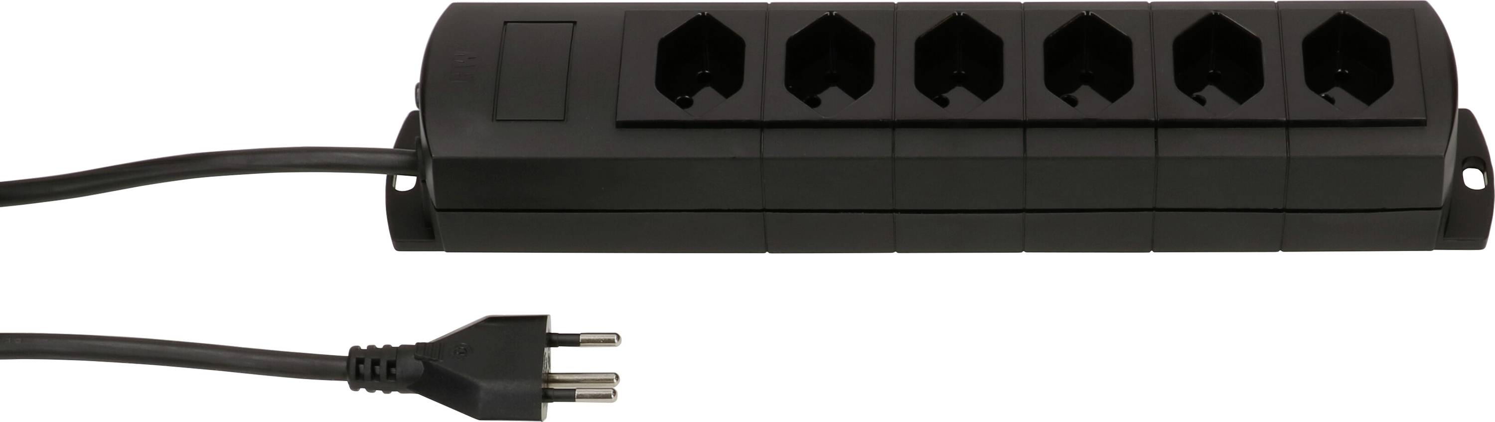 Schwarze Steckdosenleiste mit fünf Steckplätzen und einem Kabel mit zweipoligem Stecker.