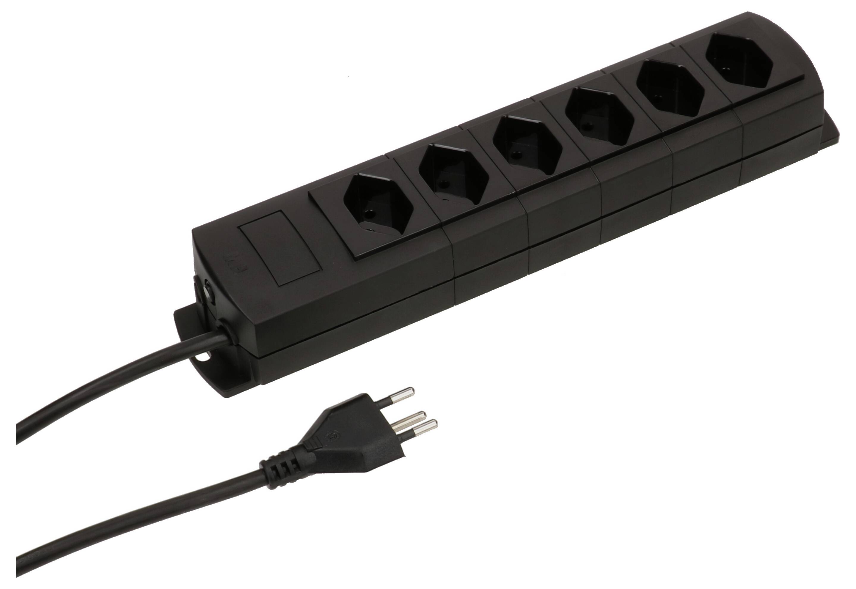 Schwarze Steckdosenleiste mit sechs Steckplätzen und einem Netzkabel mit zweipoligem Stecker.