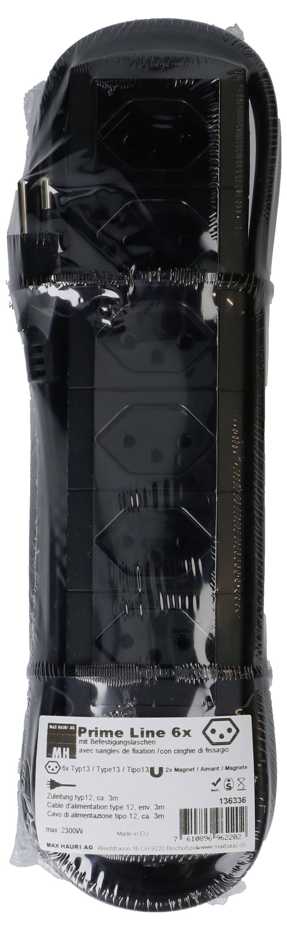 'Prime Line 6x' Steckdosenleiste, schwarz, mit sechs Steckplätzen und Netzschalter, in Originalverpackung.
