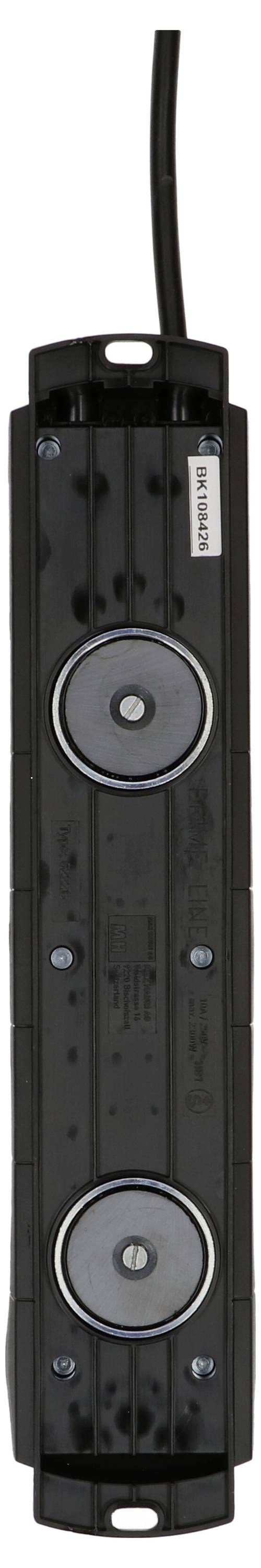 Schwarze Kunststoffleiste mit zwei runden Magneten und einem Kabel an der Oberseite. Dient zur Befestigung auf magnetischen Oberflächen.