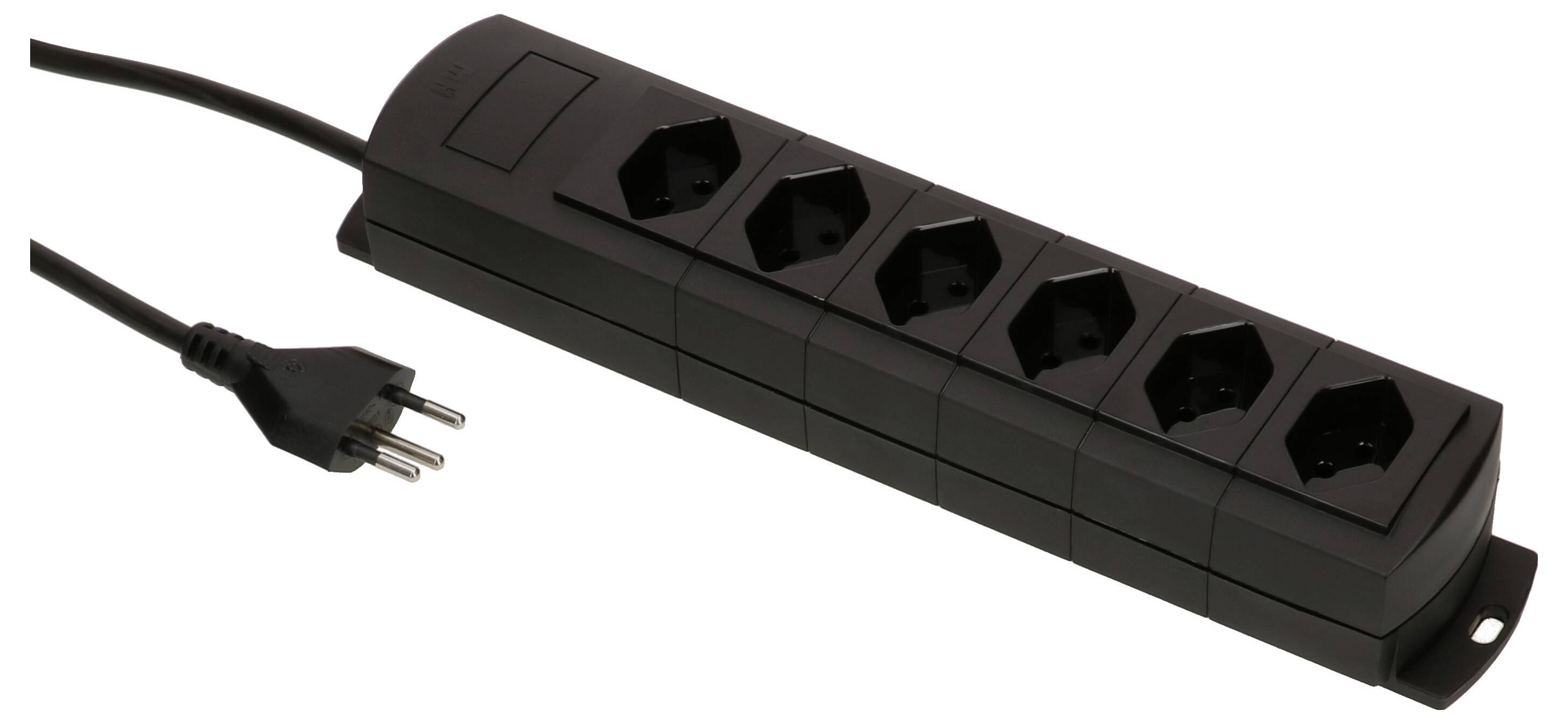Schwarze Steckdosenleiste mit sechs Steckplätzen und einem EU-Stecker. Geeignet zum Anschließen mehrerer elektrischer Geräte.