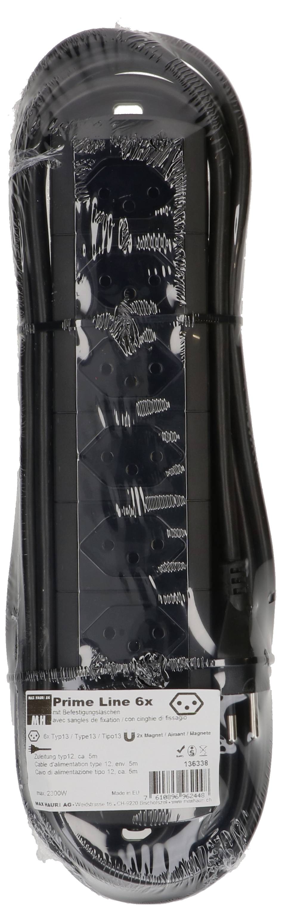'Prime Line 6x' Steckdosenleiste, schwarz, mit sechs Steckplätzen, zwei Schaltern und Schutzkontakt, geeignet für Innenräume.