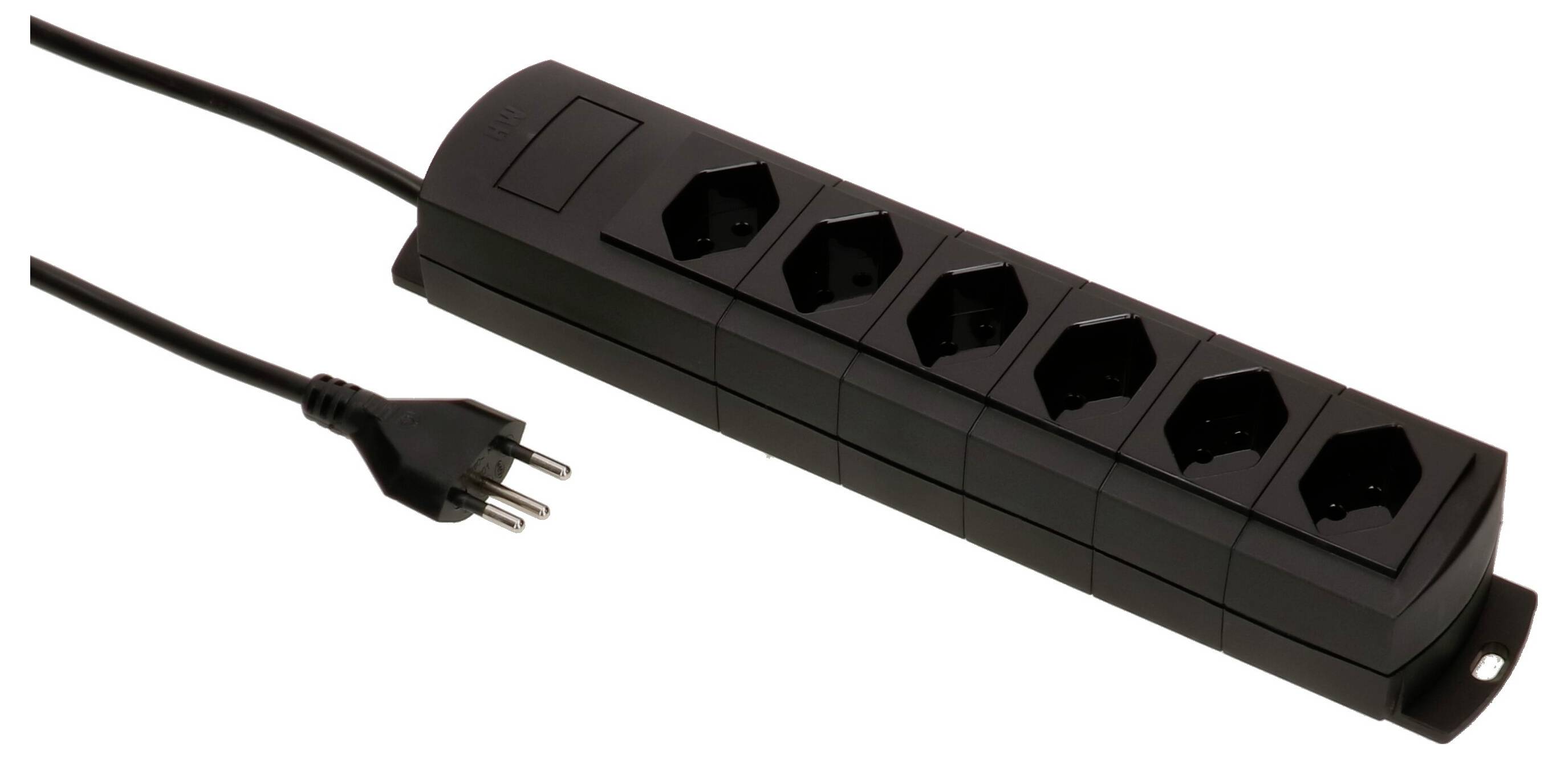 Eine schwarze Steckdosenleiste mit sechs Steckplätzen und einem angeschlossenen Kabel mit Stecker.