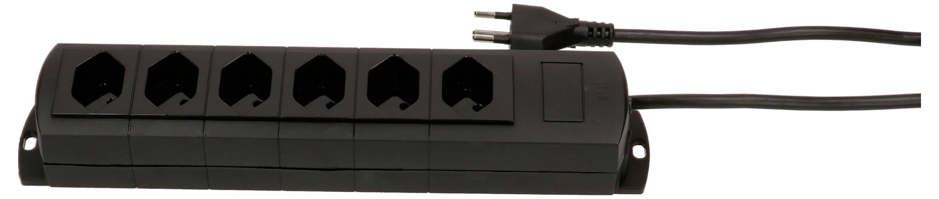 Schwarze Steckdosenleiste mit sechs Steckplätzen und einem angeschlossenen Netzkabel.