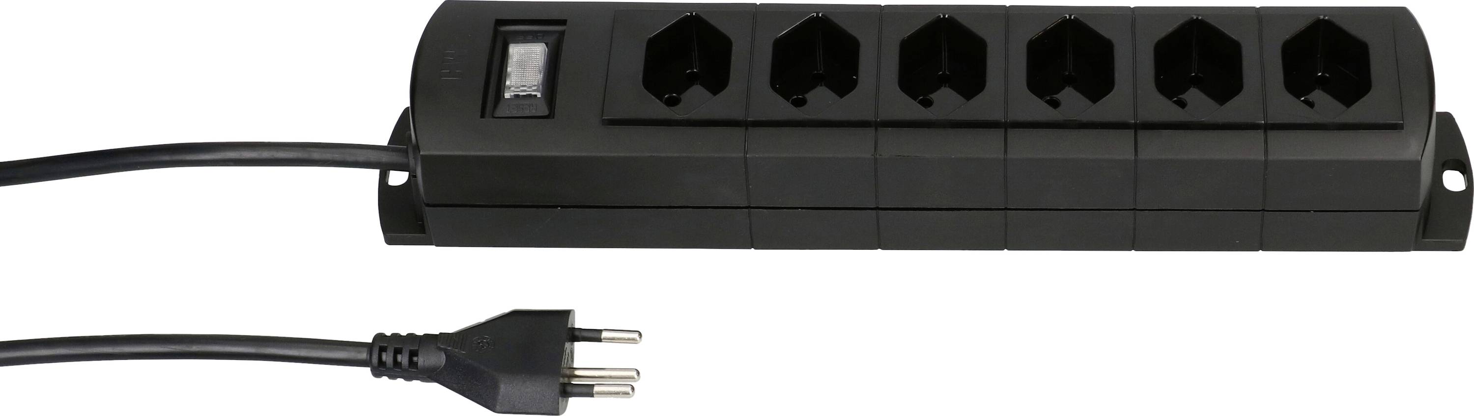 Schwarze Steckdosenleiste mit fünf Steckplätzen und einem Schalter. Ein Netzkabel mit Stecker ist verbunden. Geeignet für mehrere Geräte.
