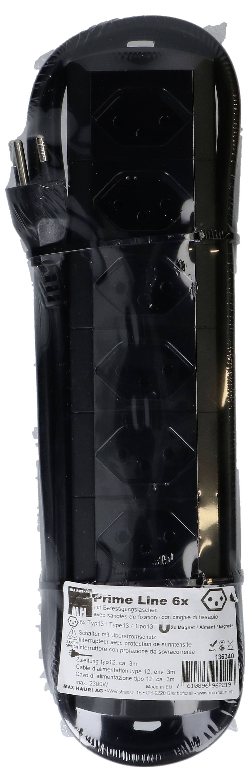 'Steckdosenleiste "Prime Line 6x" mit sechs Steckplätzen, schwarzes Design. Geeignet für Standardstecker, Verpackung abgebildet.'