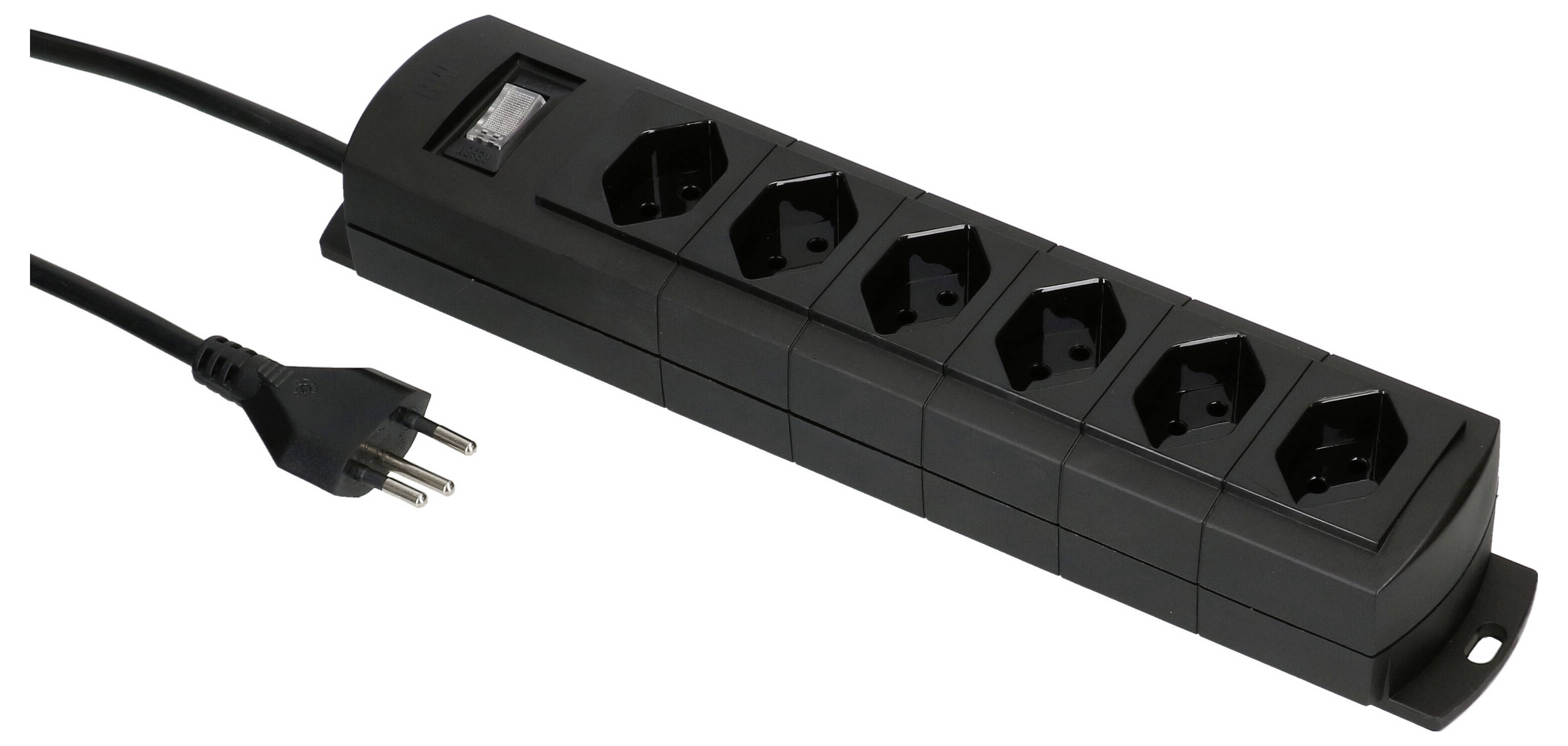 Sechser-Steckdosenleiste mit Schalter und Netzkabel für mehrere elektrische Geräte.