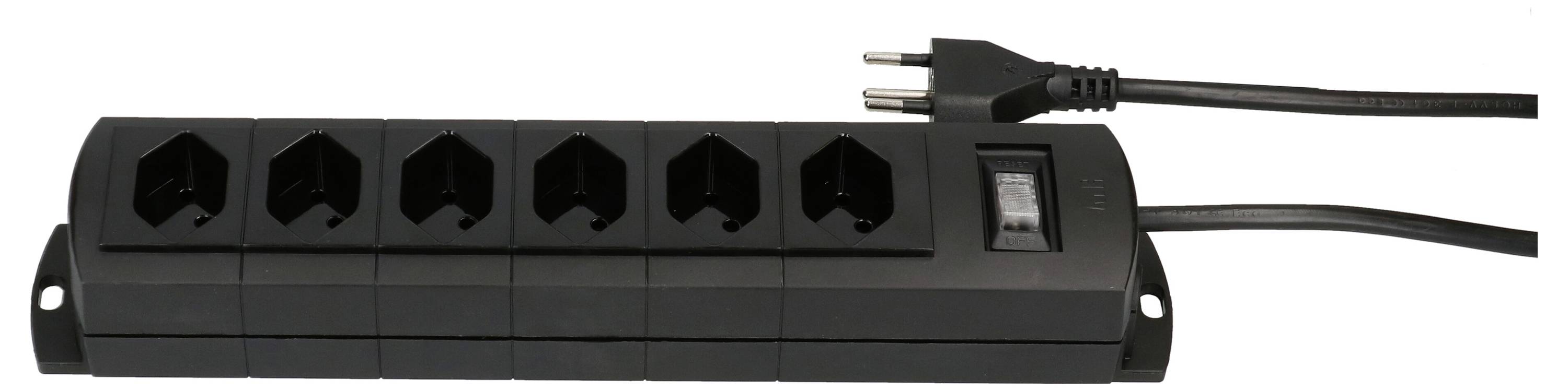 Eine schwarze Steckdosenleiste mit sechs Steckplätzen und einem Schalter auf der rechten Seite, verbunden mit einem Netzkabel.