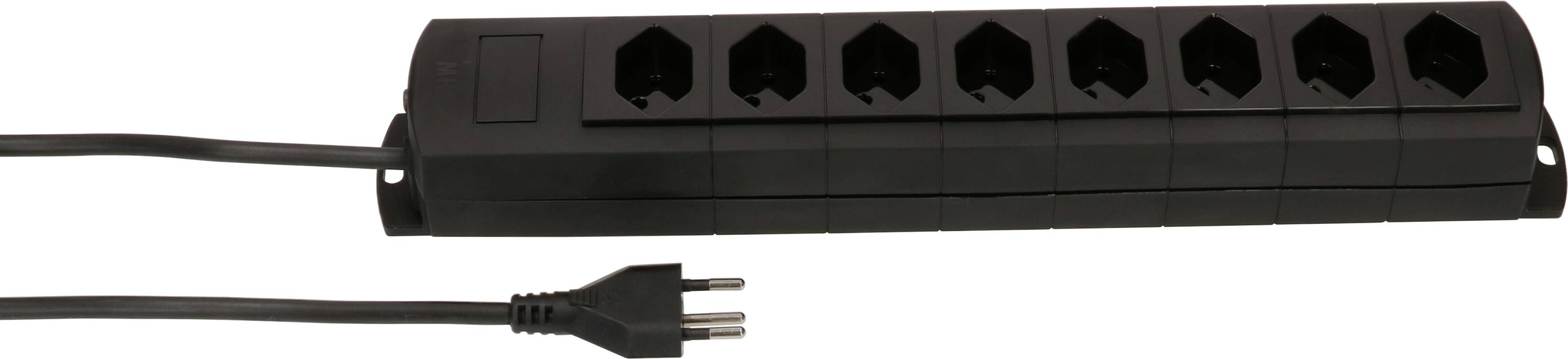 Schwarze Steckdosenleiste mit sieben Steckplätzen, verbunden mit einem Netzkabel. Ideal zur Erweiterung der Stromanschlüsse.