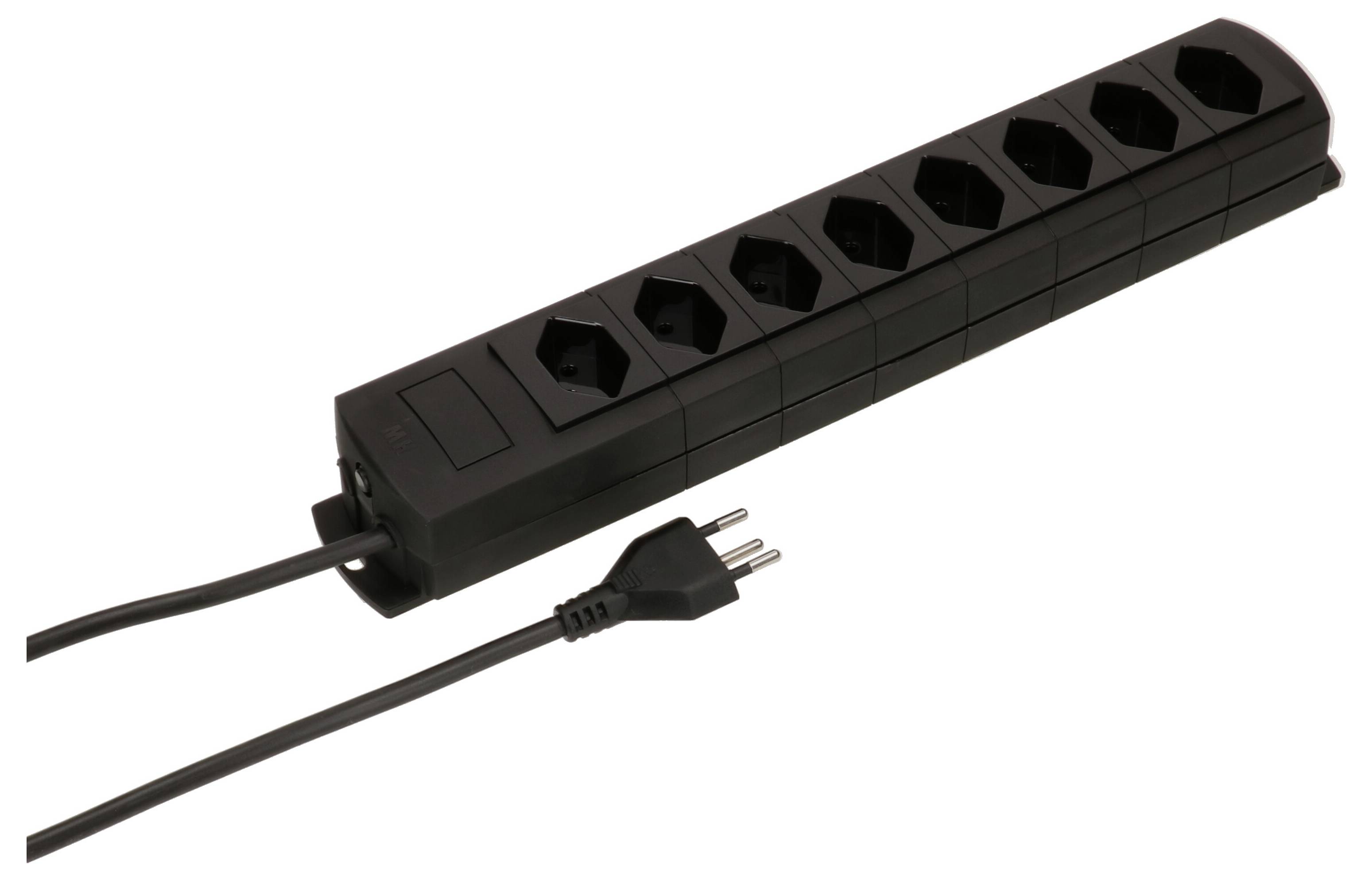 Eine schwarze Steckerleiste mit acht Steckplätzen und einem in die Leiste integrierten Stromkabel, an das ein Stecker angeschlossen ist.