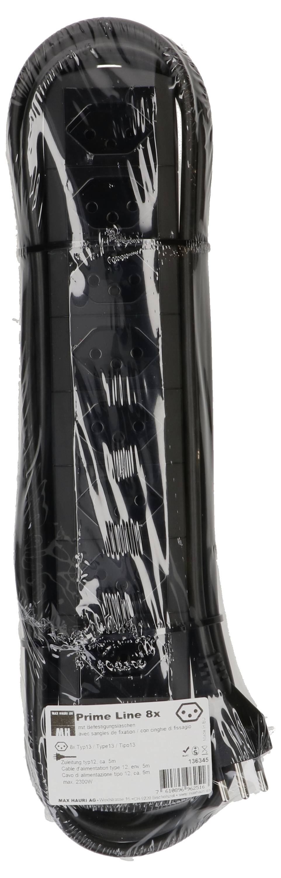Verpackte schwarze Mehrfachsteckdose mit 8 Anschlüssen der Marke 'Prime Line'. Enthält Sicherheitskennzeichnungen und Barcode.