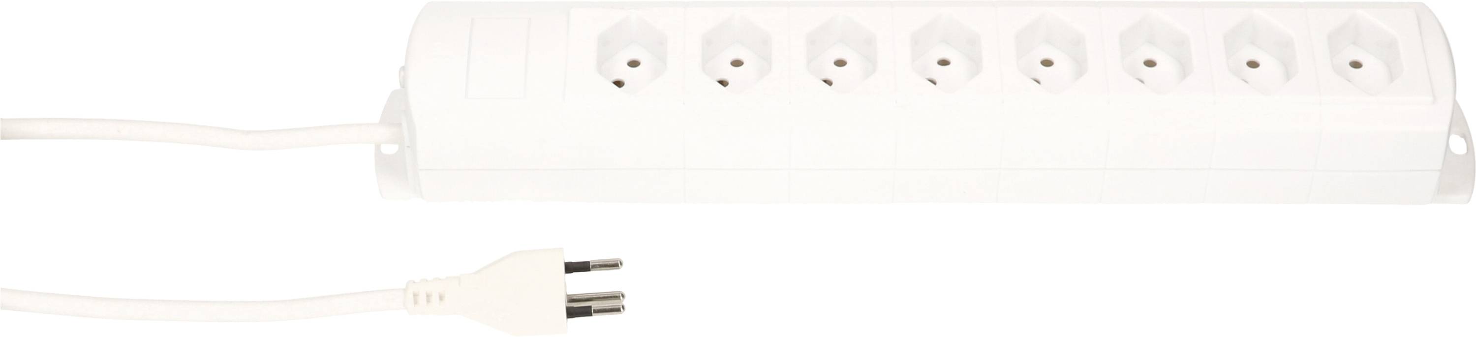 Weiße Mehrfachsteckdose mit acht Steckplätzen und einem Stecker.