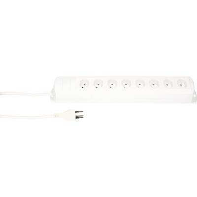 Weiße Mehrfachsteckdose mit acht Steckplätzen und einem Stecker.