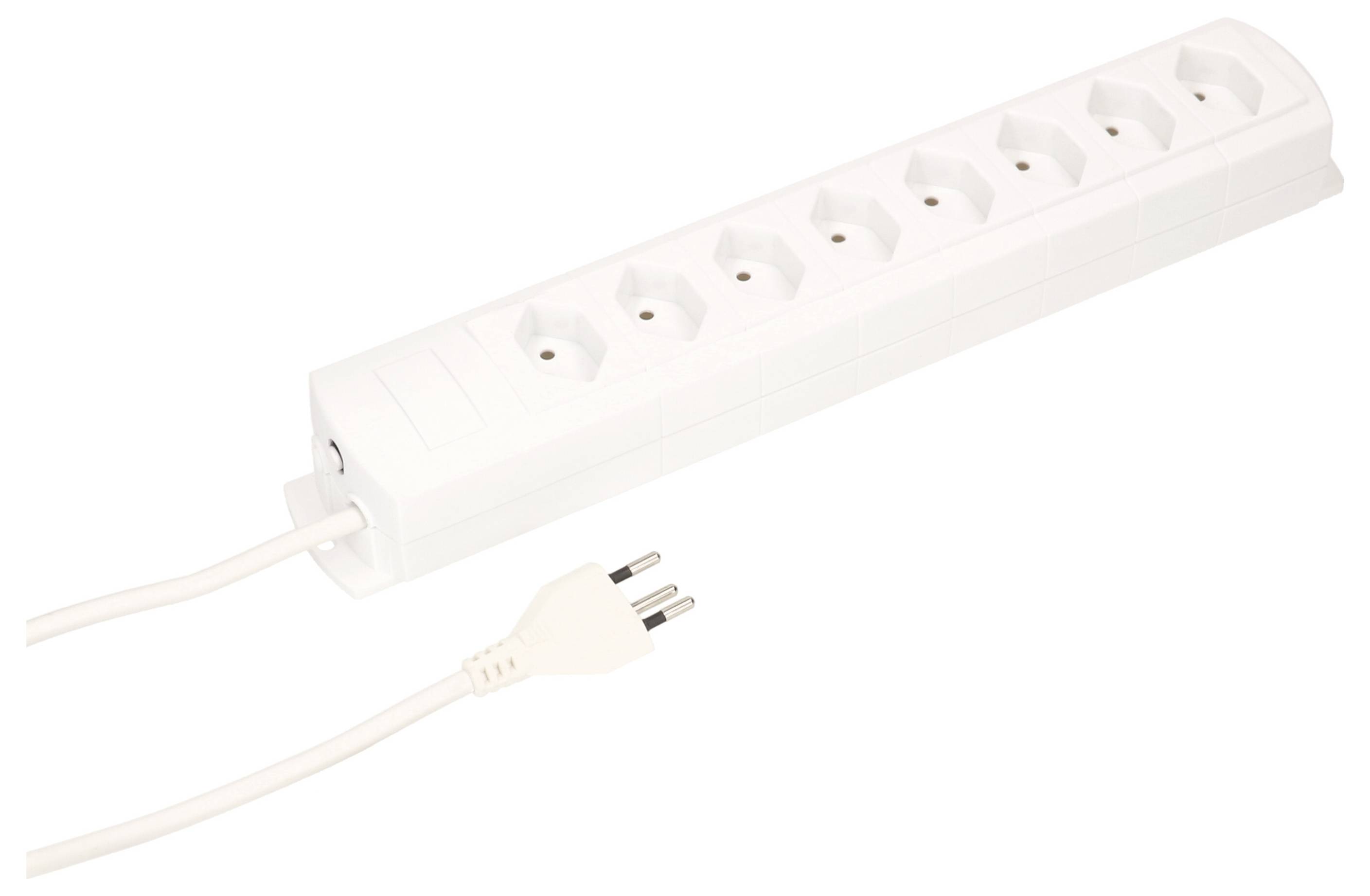 Eine weiße Steckdosenleiste mit sieben Steckdosen und einem angeschlossenen Kabel mit Stecker.