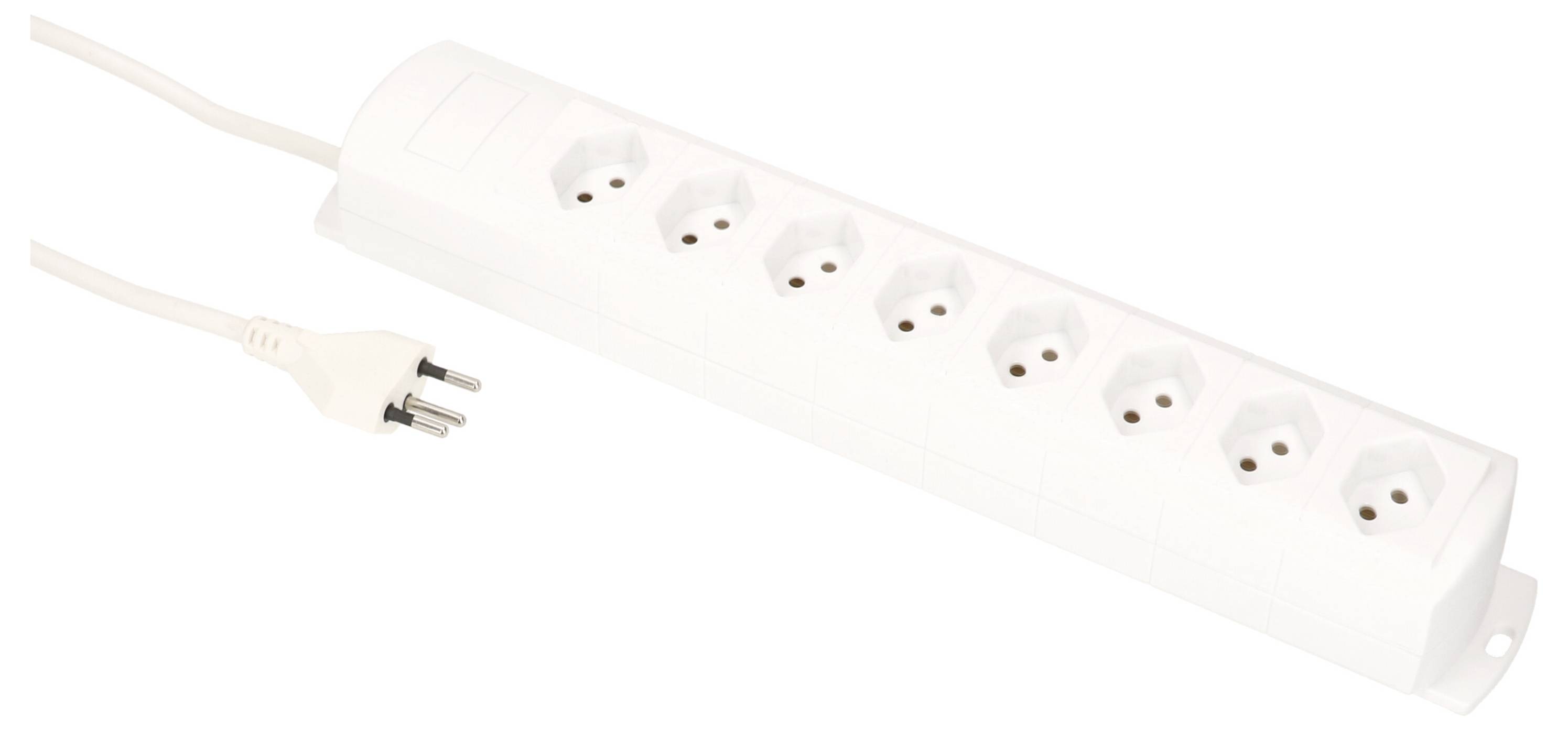 Weiße Steckdosenleiste mit acht Anschlüssen und einem Kabel mit Stecker. Ideal für mehrere elektrische Geräte.