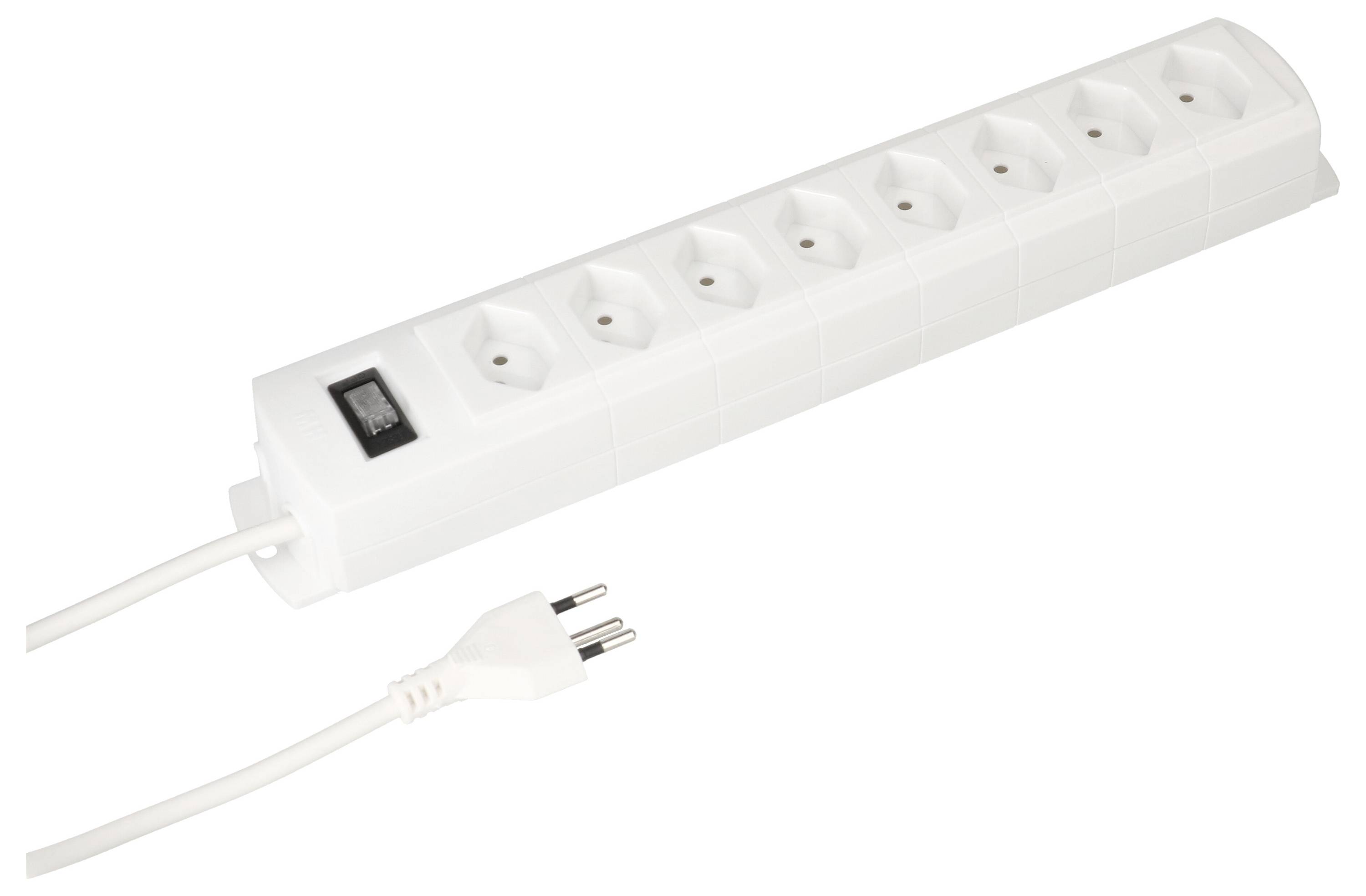 Weiße Mehrfachsteckdose mit acht Anschlüssen und einem Schalter, geeignet für europäische Stecker.