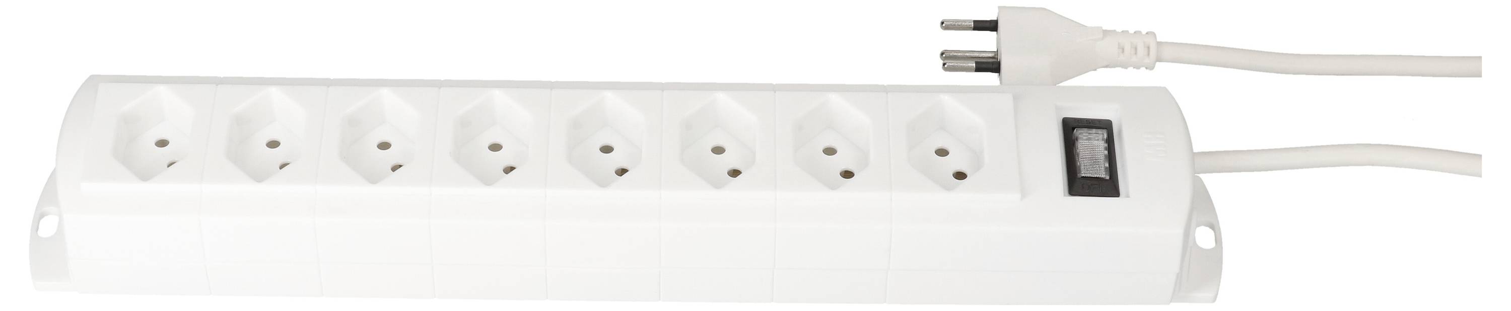 Weiße Mehrfachsteckdose mit acht Schuko-Steckplätzen und einem Ein-Aus-Schalter, angeschlossenes weißes Kabel mit Stecker.