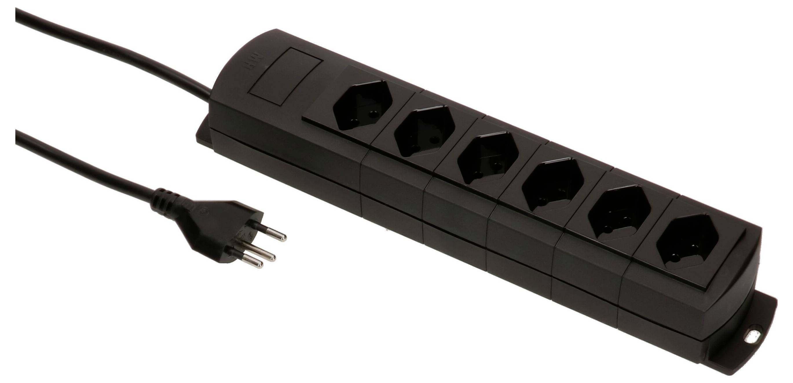 Mehrfachsteckdose mit sechs Schuko-Anschlüssen und einem Netzkabel, geeignet zum gleichzeitigen Anschluss mehrerer Elektrogeräte.