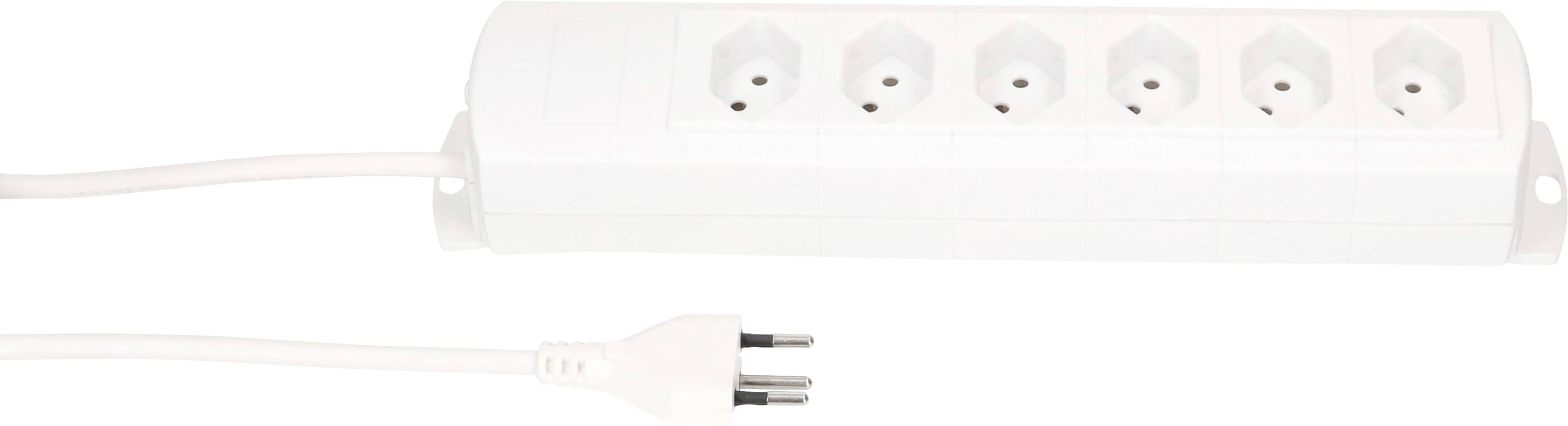Weiße Steckdosenleiste mit sechs Steckplätzen und einem zweipoligen Stecker.