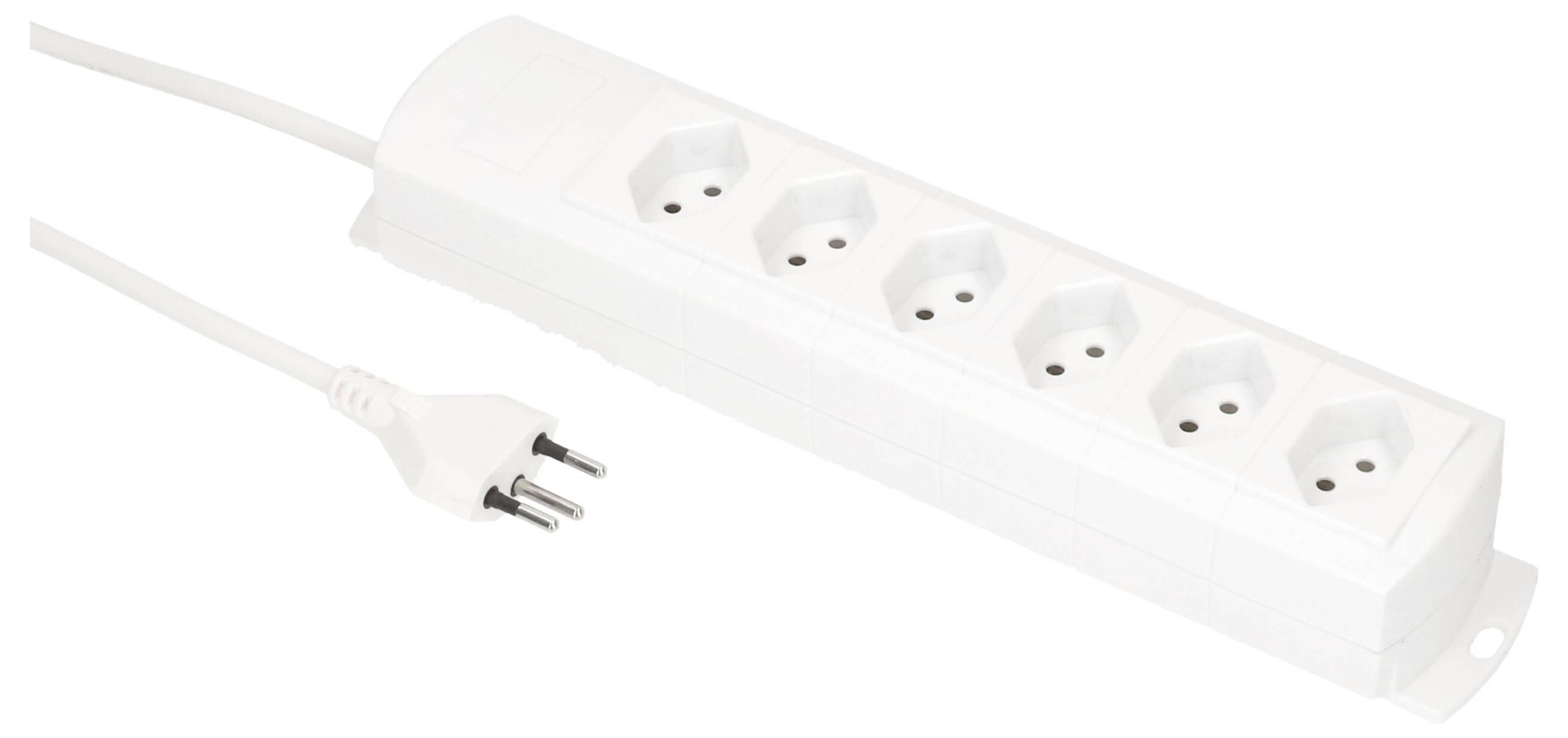 Weiße Mehrfachsteckdose mit sechs Anschlüssen und weißem Kabel.
