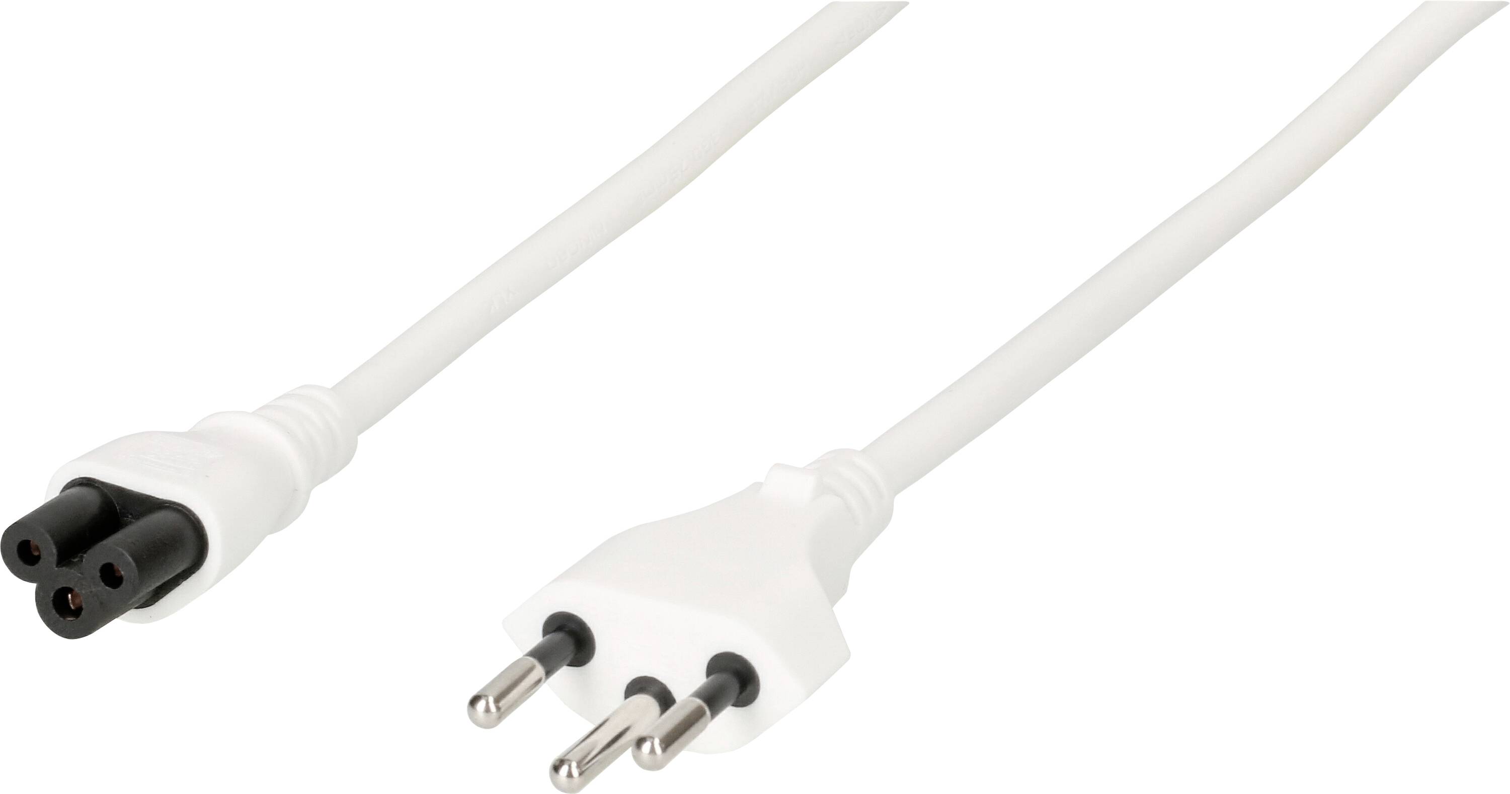 Weißes Netzkabel mit dreipoligem Stecker und Buchse, geeignet für den Anschluss von Elektrogeräten an eine Stromquelle.