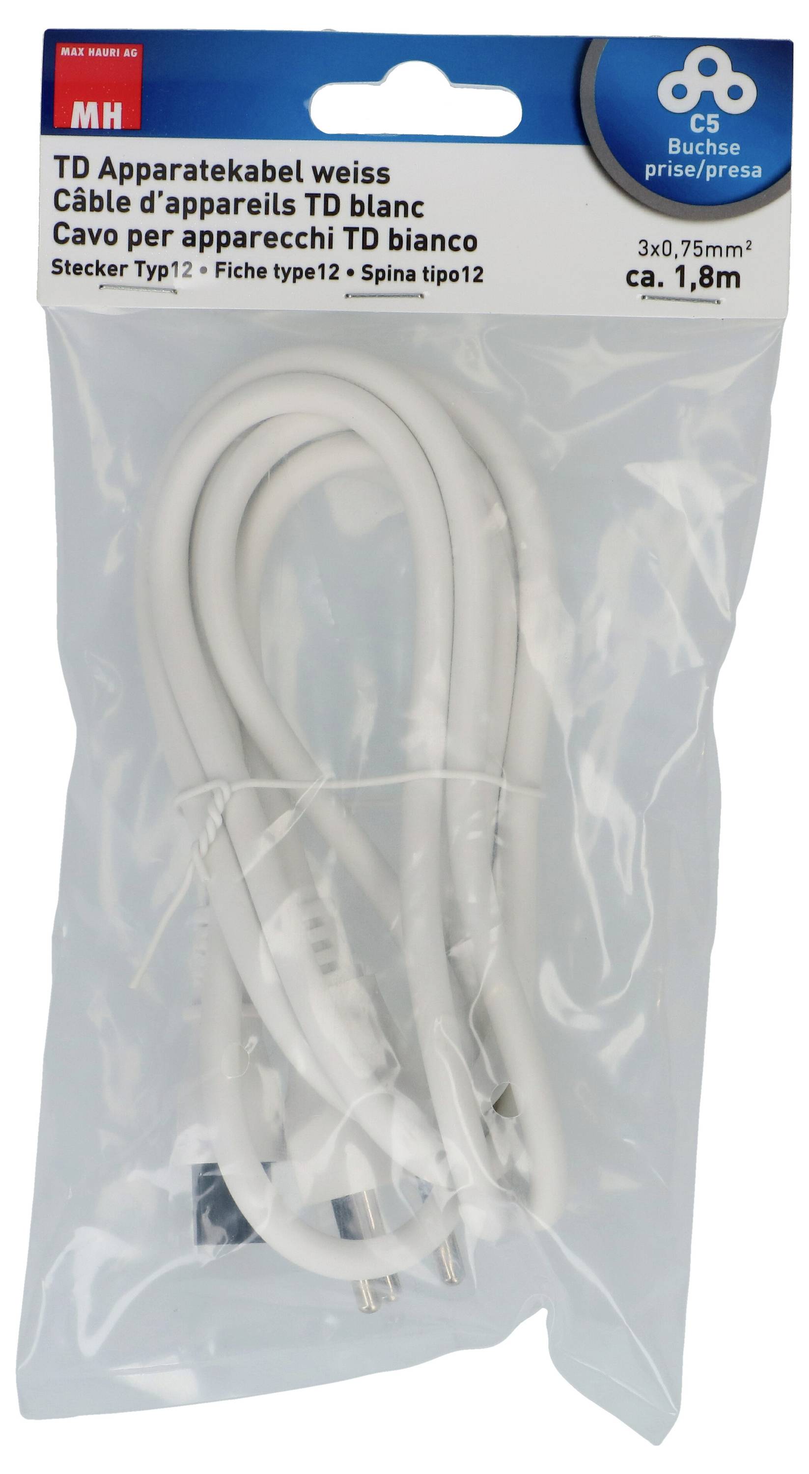 'Weißes TD Gerätekabel, 3x0,75mm², ca. 1,8m, Stecker Typ12, C5 Buchse. Verpackung mit Produktinformationen in mehreren Sprachen.'