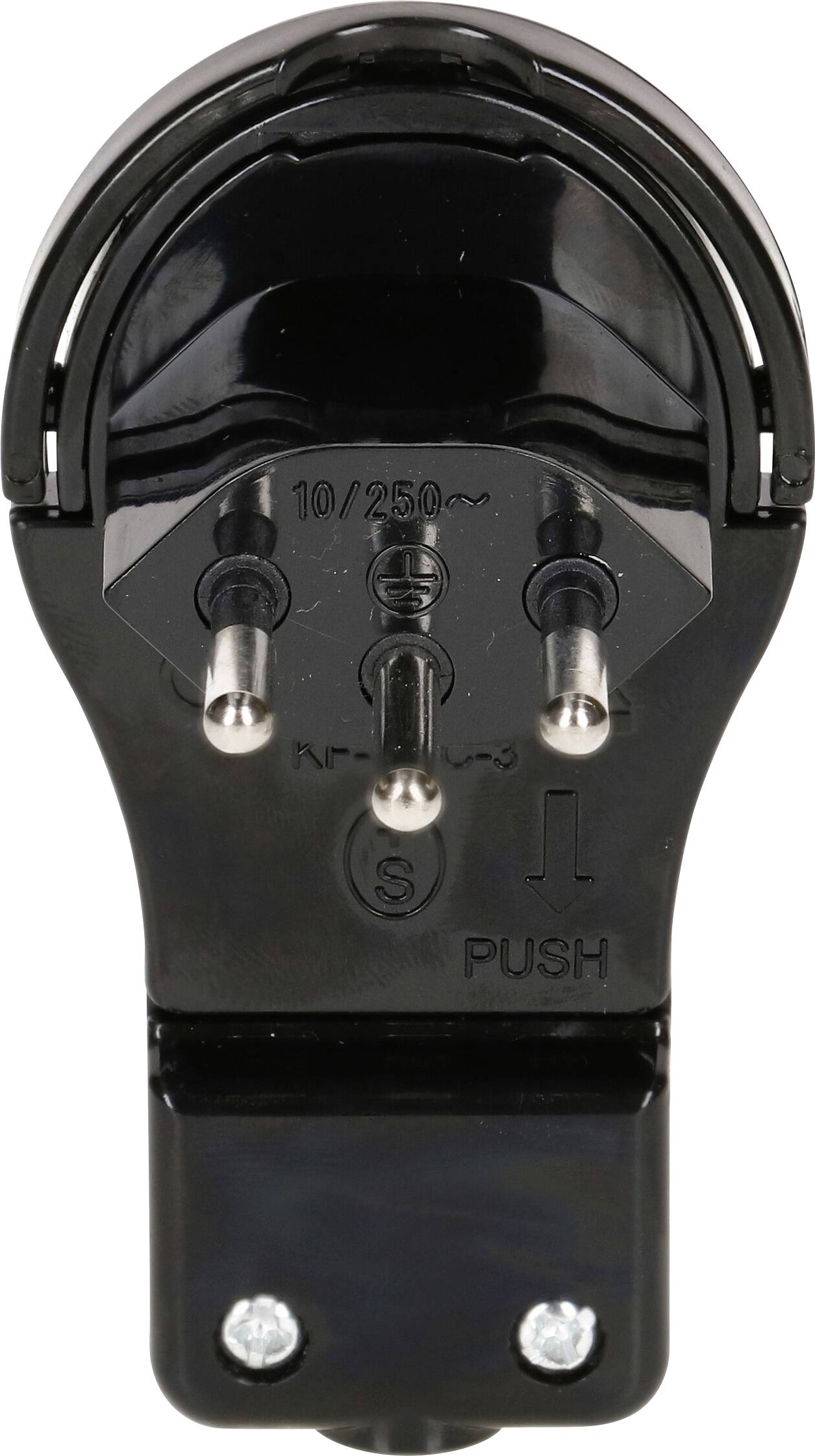 Ein schwarzer zweipoliger Eurostecker für elektrische Geräte, geeignet für 250 Volt und stoßsicher, ist abgebildet.