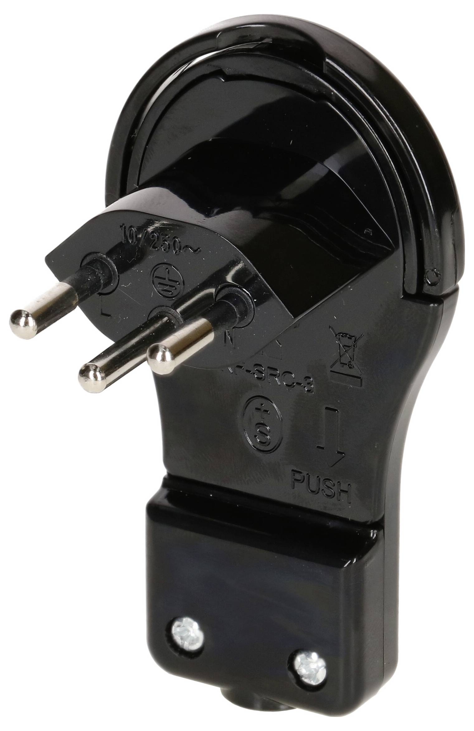 Ein schwarzer Eurostecker mit zwei runden Stiften, geeignet für europäische Steckdosenstandards.