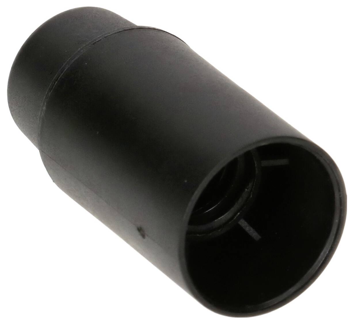 Ein schwarzer, zylindrischer Kunststoffaufsatz, möglicherweise ein Adapter oder eine Kappe, auf weißem Hintergrund.