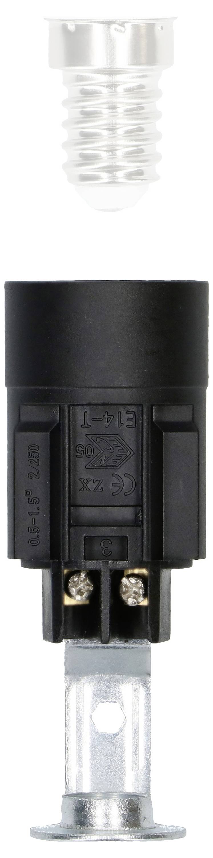 Ein schwarzer elektrischer Adapter mit zwei Schraubanschlüssen, darüber ein silberfarbener, zylindrischer metallischer Gegenstand.