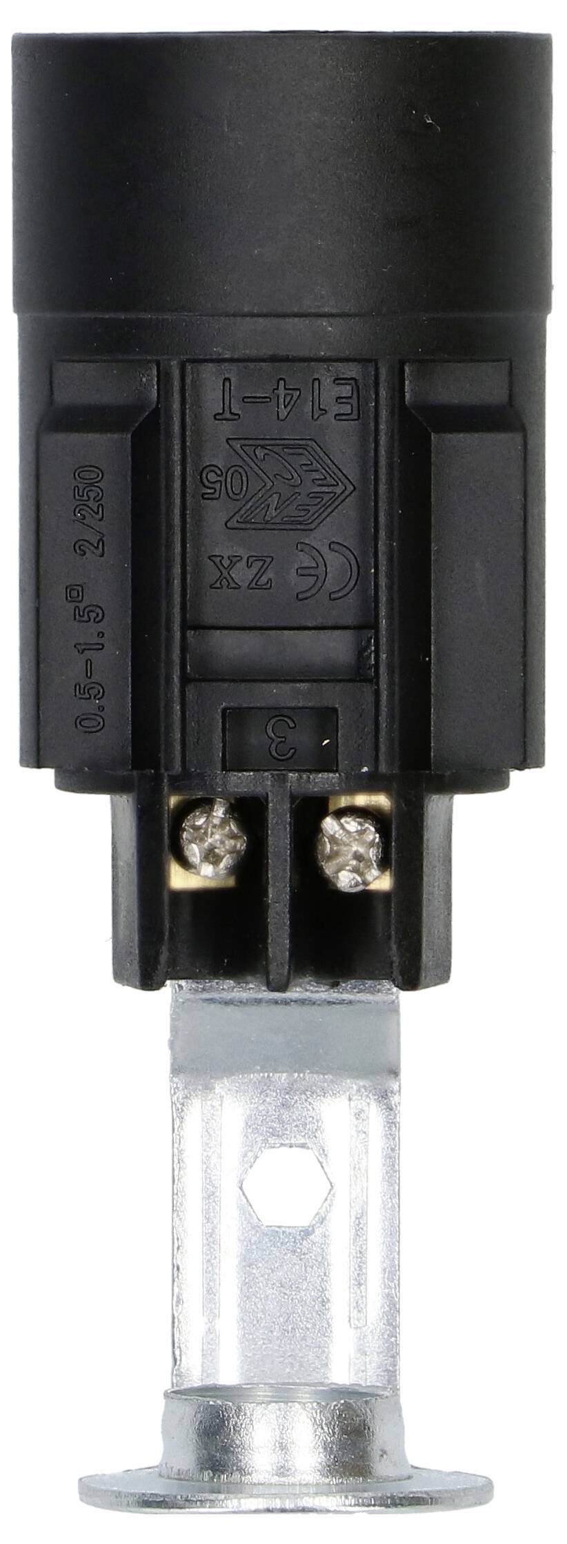 Ein schwarzer elektrischer Schalter mit Schraubklemmen und metallischer Befestigungsplatte. Geeignet für industrielle Anwendungen.