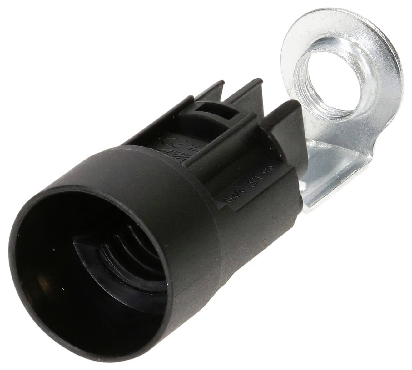 Ein schwarzer Sicherungshalter mit Metallöse auf weißem Hintergrund. Geeignet zur Aufnahme einer elektrischen Sicherung.