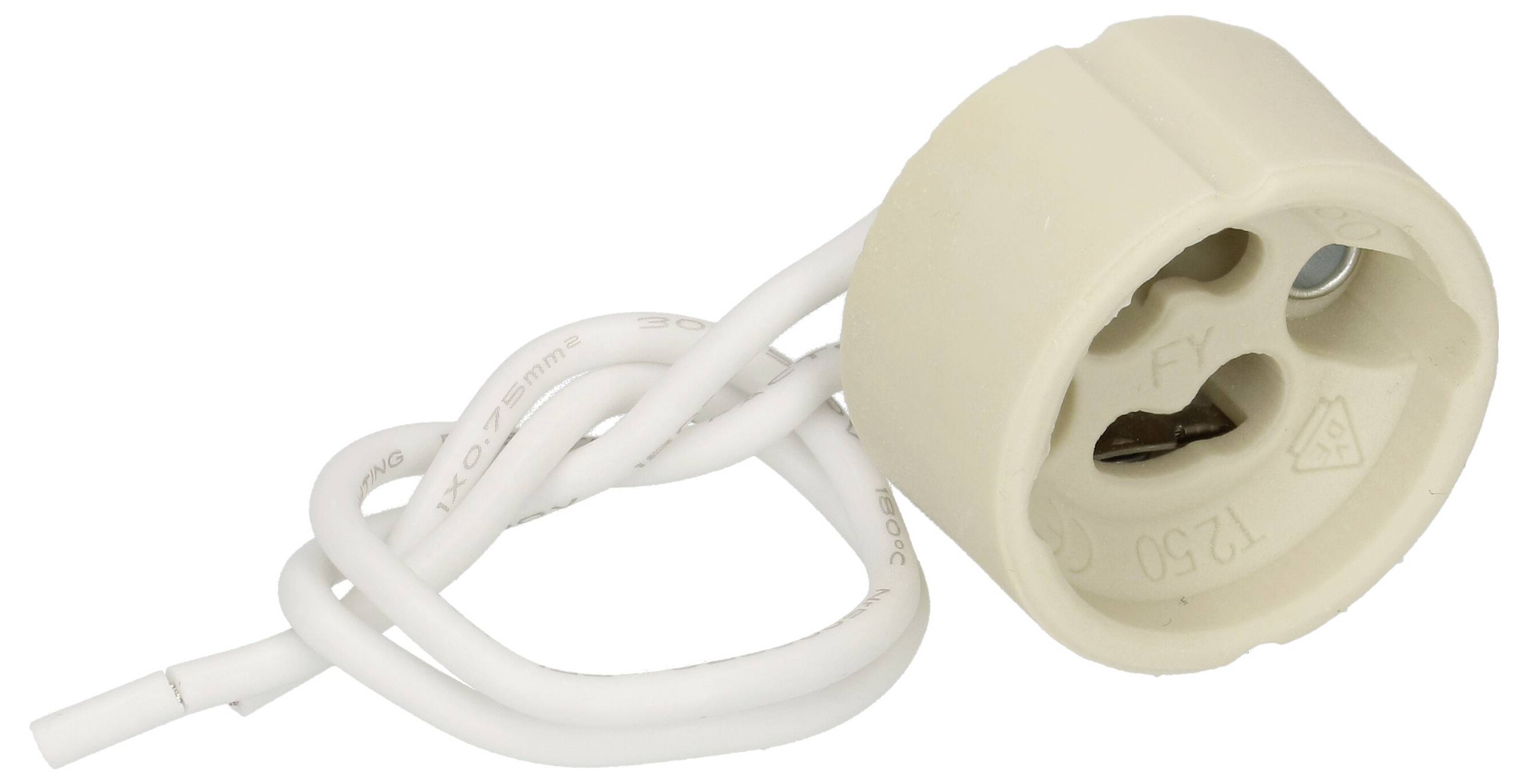 Eine weiße Lampenfassung mit zwei herausragenden Kabeln. Geeignet für Glühlampen.