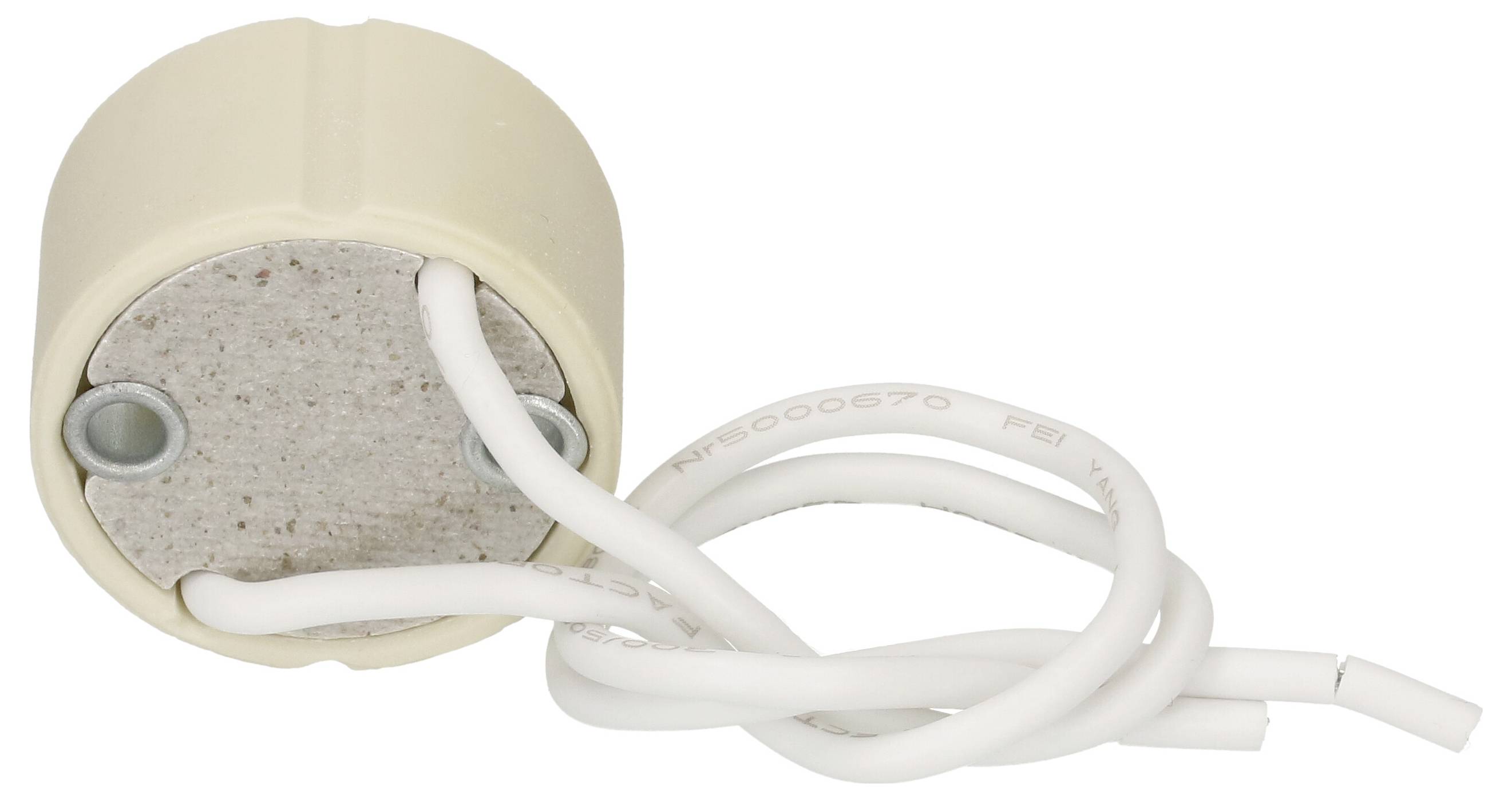 Ein beige Lampensockel mit angeschlossenen weißen Drähten, geeignet zum Anschluss von Lampen.
