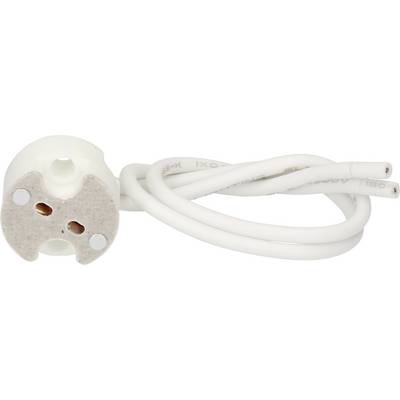 Ein weißer Keramiksockel für eine Leuchtstofflampe mit zwei angeschlossenen weißen Drähten, geeignet für technische Installationen.