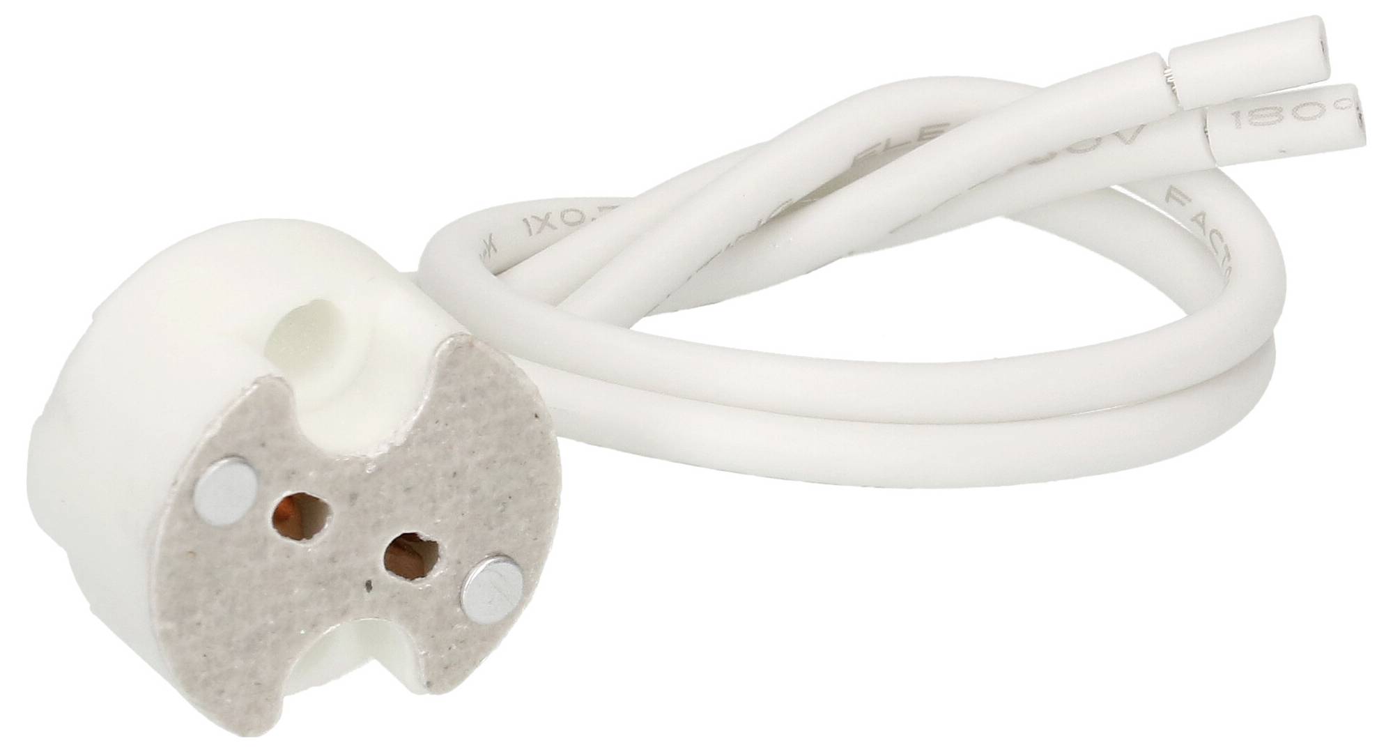 Ein weißer Keramiksockel mit zwei Löchern und zwei befestigten weißen Kabeln, möglicherweise für den Anschluss einer Lampe.