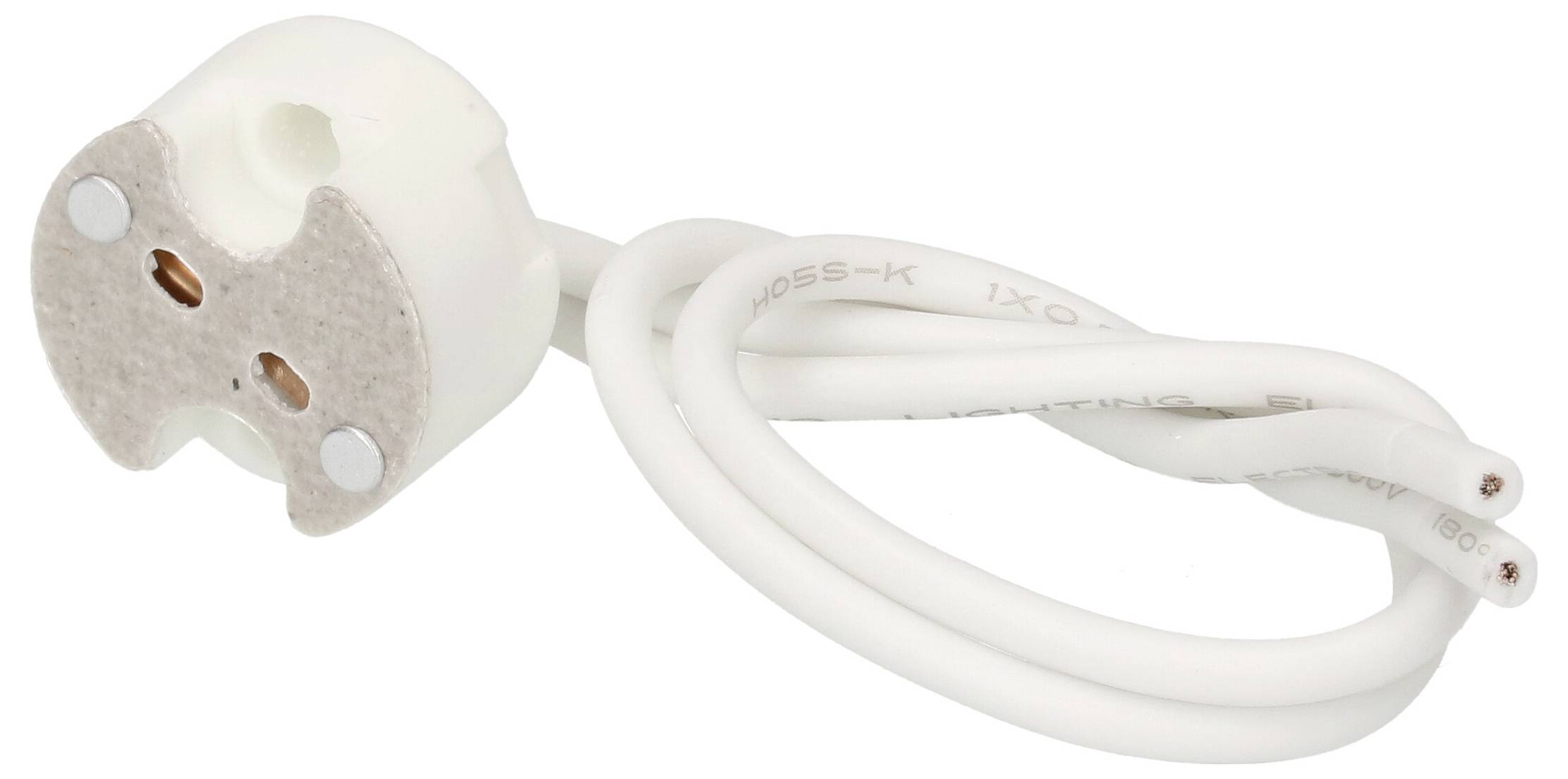 Eine weiße Lampenfassung mit zwei angeschlossenen, isolierten Drähten, geeignet für elektrische Verbindungen in Beleuchtungssystemen.