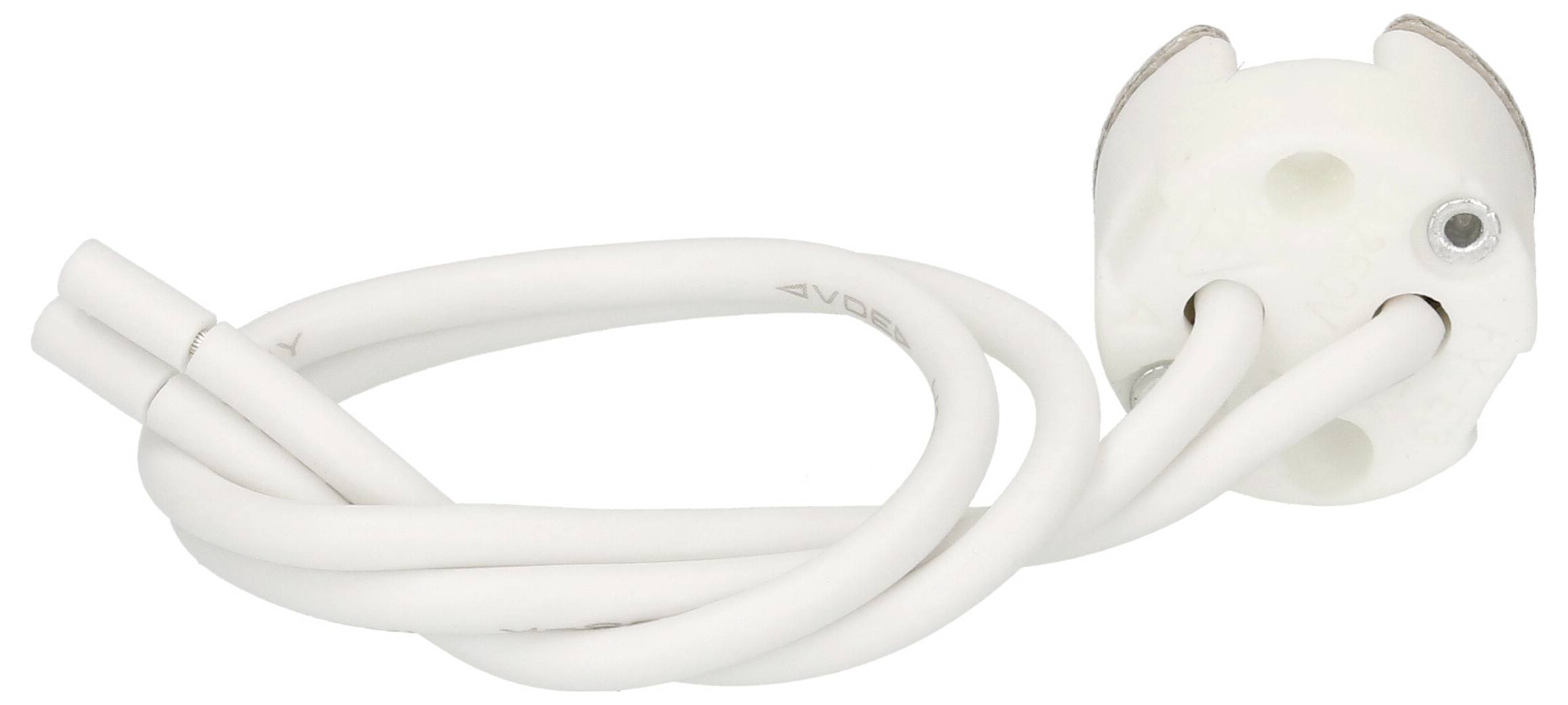 Zweipoliger Keramiksockel mit Kabel, geeignet zur Verbindung von Leuchtmitteln in Beleuchtungssystemen. Kompakt und weiß.