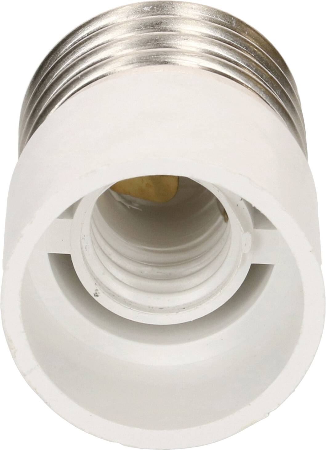 Adapter für E27-Glühbirne, weißer Kunststoff, metallisches Gewinde. Verwendet zur Konvertierung von einer Birnenfassung zu einem anderen Typ.