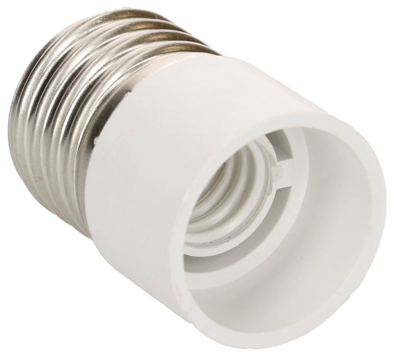 Adapter von E27 auf GU10 für Leuchtmittelmontage. Oberer Teil aus Metall, unterer aus weißem Plastik. Erleichtert Lampeninstallation.