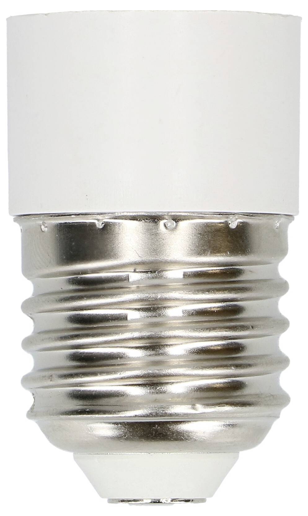 Eine weiße E27 Lampenfassung, zylindrische Form mit metallischem Gewinde, geeignet für Glühbirnen.