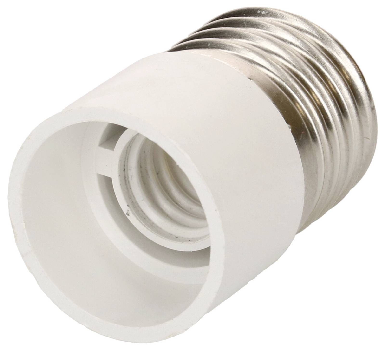 Ein elektrischer Adapter für Glühbirnen, der eine E27-Fassung in eine E14-Fassung umwandelt, aus Kunststoff und Metall hergestellt.