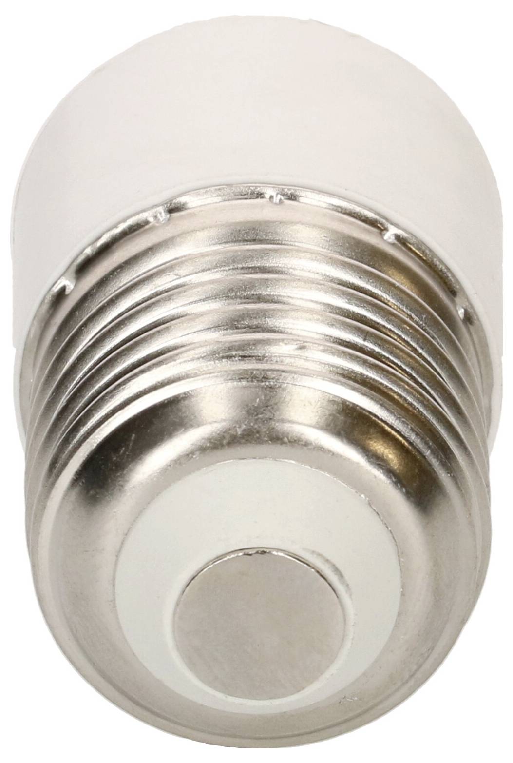 Ein umgedrehter, silberner E27-Glühbirnensockel ohne Birne, zeigt das Gewinde und die Spitze. 