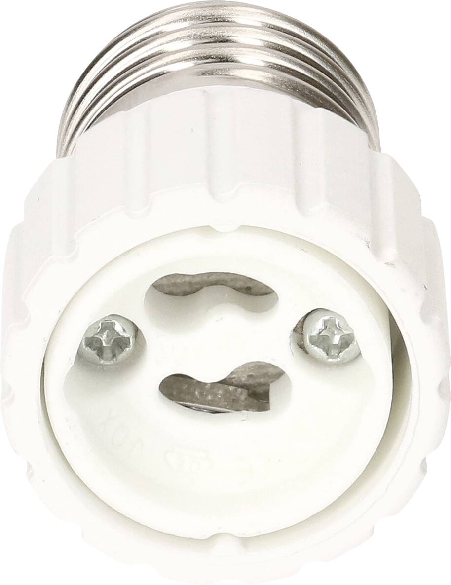 Ein weißer E27 Lampenadapter mit Metallgewinde, verwendet zum Verbinden verschiedener Lampentypen.