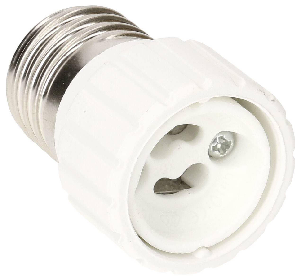 Lampensockeladapter mit E27-Gewinde, ermöglicht die Verbindung von verschiedenen Lampentypen. Weißes Gehäuse mit Metallgewinde.