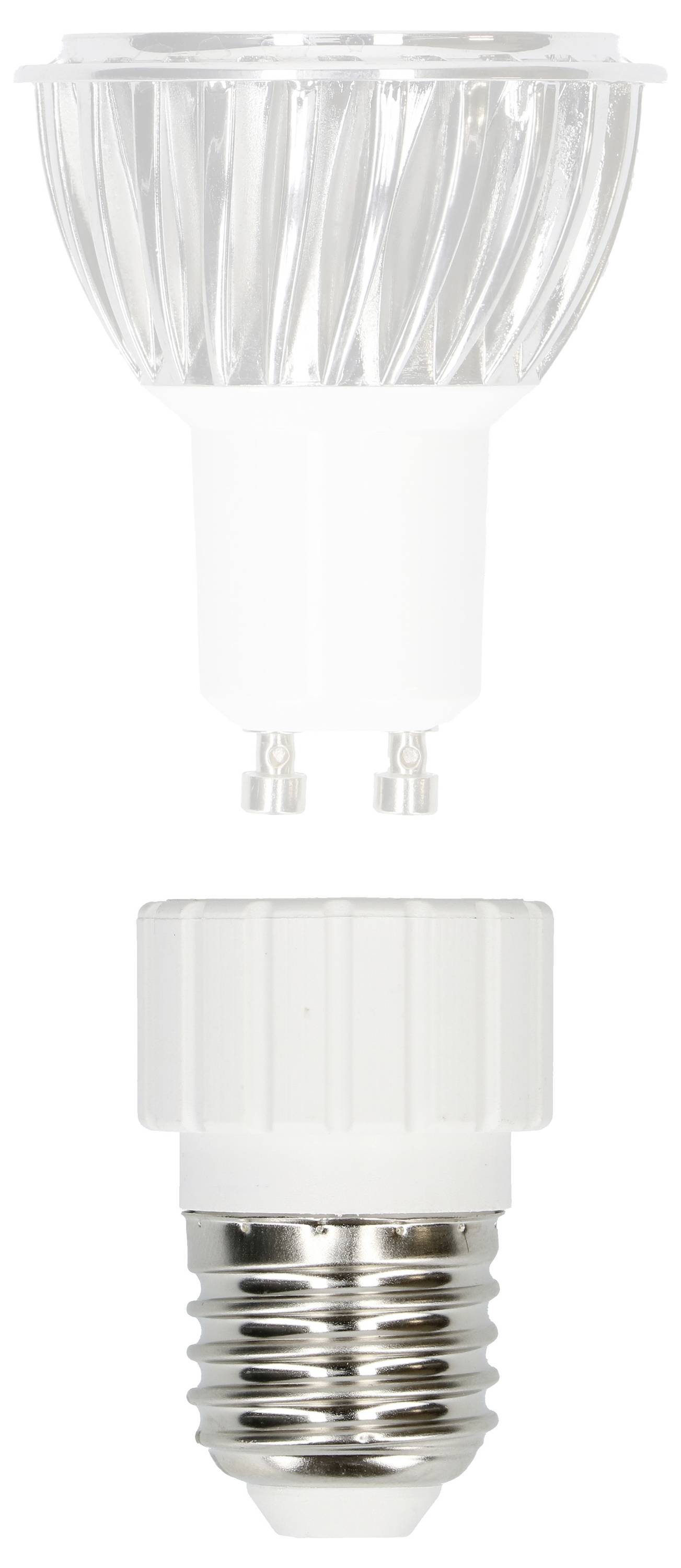 Ein GU10-LED-Leuchtmittel und ein E27-Adapter. Geeignet für Energiesparleuchten, ermöglicht die Nutzung von GU10-Glühbirnen in E27-Fassungen.